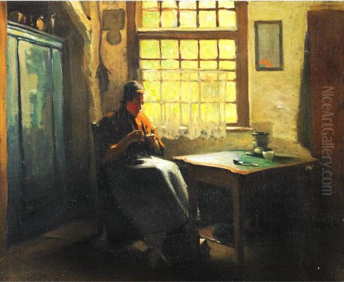 Peasant Mother Knitting In A Kitchen Oil Painting by Hendrik Valkenburg