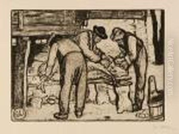 Paysans Tuant Un Porc - Dans L'escalier Oil Painting by Edouard Vallet