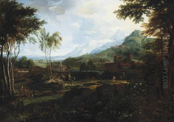 An Italianate Wooded River 
Landscape With Travellers On A Track And Figures At Rest On The Bank, 
Mountains Beyond Oil Painting by Jan Frans Van Bloemen (Orizzonte)