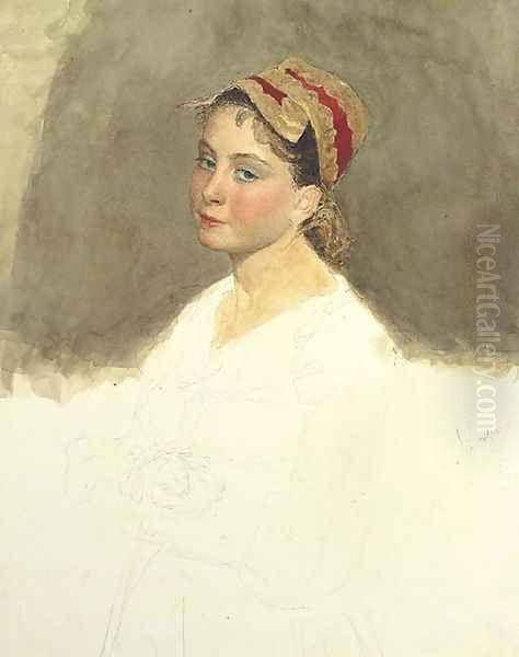 Portrait of a Russian peasant girl, half-length, in a Russian headress Oil Painting by Mihaly von Zichy