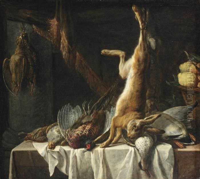 A Hare, Rabbit, Phaesant, Ducks 
And Other Game Together With A Basket Of Fruit, On A Partially Draped 
Table Oil Painting by Pieter Van Boucle