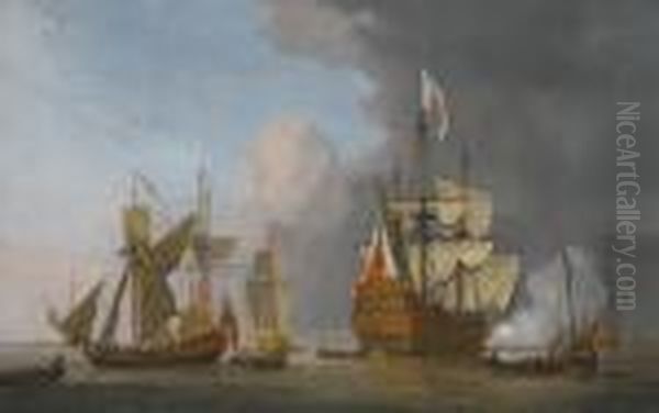 The Royal Sovereign Firing A 
Single Cannon With A Royal Yacht In A Light Air, Longboats And Other 
Men-of-war And Shipping On A Calm Sea With Land Beyond To The Left Oil Painting by Willem van de, the Elder Velde