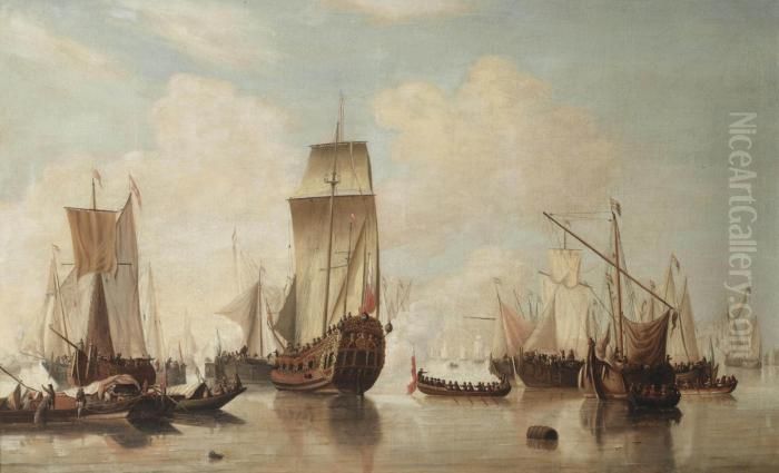 A Yacht And Other Ships Oil Painting by Willem van de, the Elder Velde