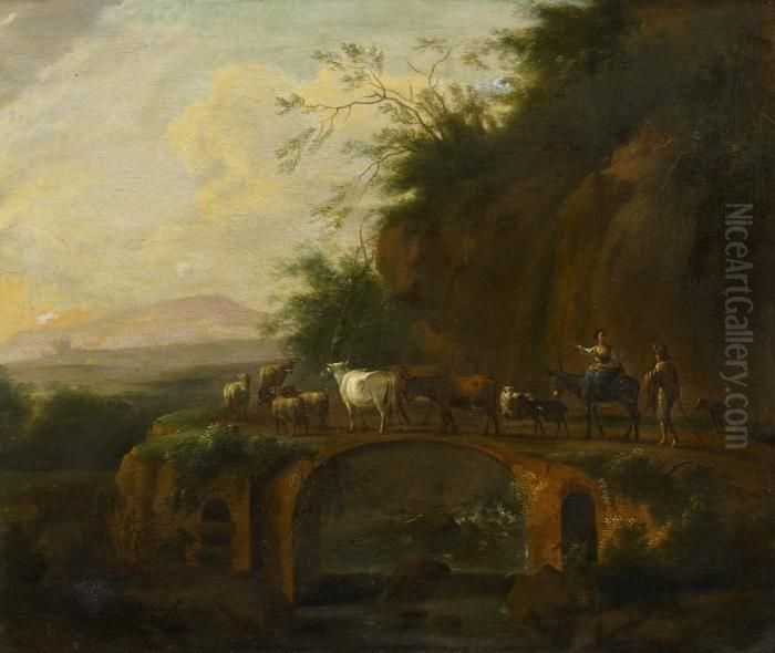 Italian Landscape With Cowherds On An Old Roman Bridge Oil Painting by Harmenszoon van Rijn Rembrandt