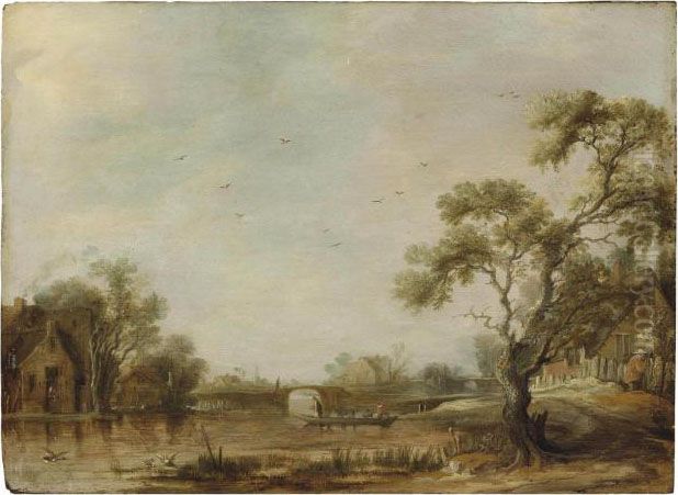 A River Landscape With A 
Village, Figures Crossing In A Ferry By A Bridge, A Church Beyond Oil Painting by Anthony Jansz van der Croos