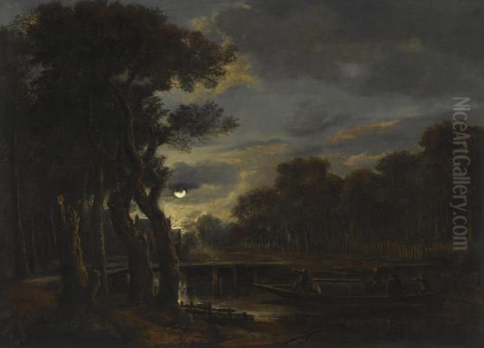 A Wooded River Landscape By Moonlight, With Figures On A Boat, A Village Beyond Oil Painting by Aert van der Neer