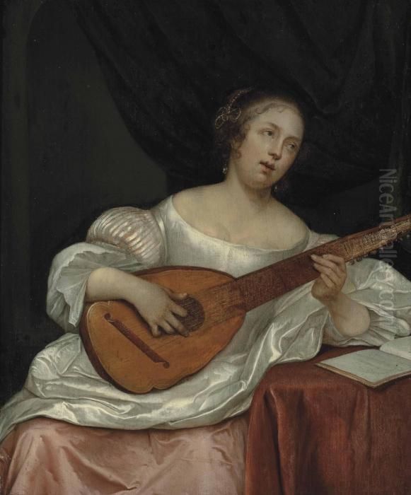 A Woman Playing A Bandora Oil Painting by Eglon Hendrick Van Der Neer