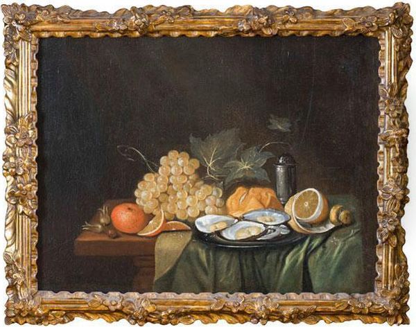 Natura Morta Di Ostriche, Agrumi E Uva Su Tavola Oil Painting by Jacob Fopsen van Es
