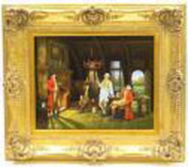 Two British Redcoats And 
Horseman Socializing With Pipe-smoking Tavern Keeper In Colonial 
Ordinary Oil Painting by Jan van Hemessen