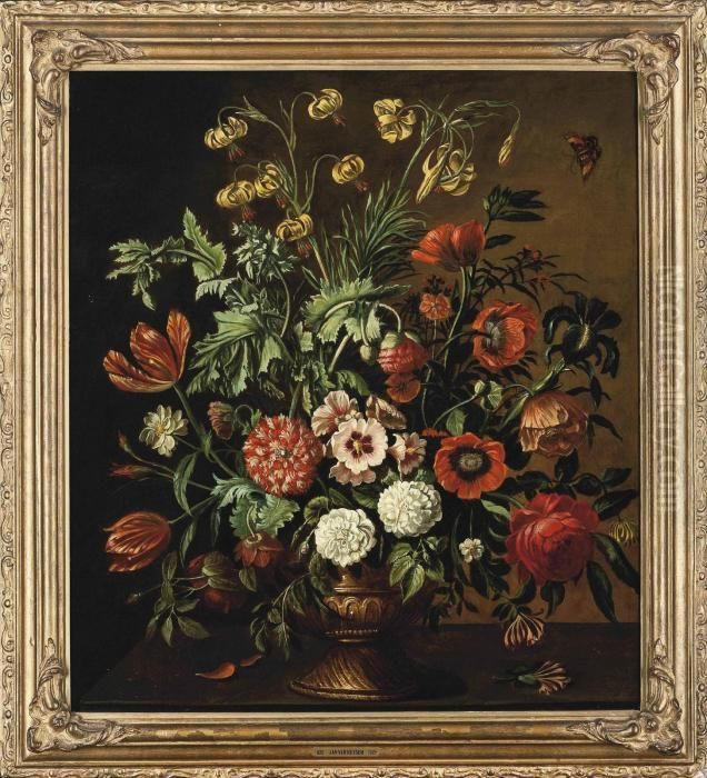 Carnations, Roses, Poppies, 
Tulips, Narcissi And Other Flowers In A Sculpted Vase On A Ledge, With A
 Butterfly Oil Painting by Jan Van Huysum