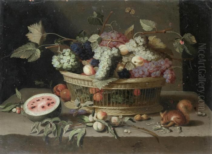 A Basket Of Grapes, Plums And 
Peaches, With A Melon And A Squirrel Eating Nuts On A Stone Ledge; And A Oil Painting by Jan van Kessel