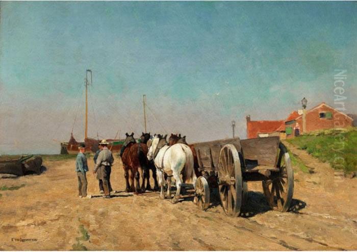 Pferdegespann Mit Lastkarren Auf Einer Sandigen Uferstrasse Oil Painting by Frans Van Leemputten