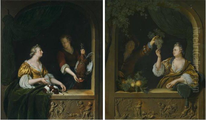 A Poultry Seller; 
 A Gentleman Offering A Lady A Bunch Of Grapes Oil Painting by Willem Van Mieris Leiden