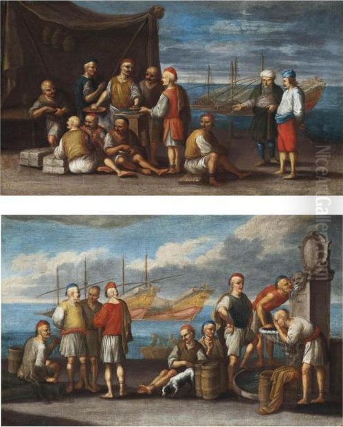 Barbary Corsairs At Rest, An 
Anchored Ship Beyond; And Barbary Corsairs Conversing By A Fountain Oil Painting by Jan-Baptiste Vanmour