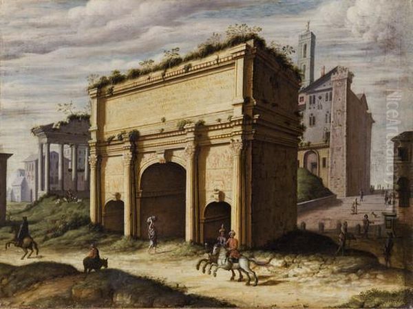 Veduta Dell'arco Di Settimio 
Severo E Del Clivo Capitolino Con Cavalieri In Abiti Orientali Oil Painting by Willem van, the Younger Nieulandt