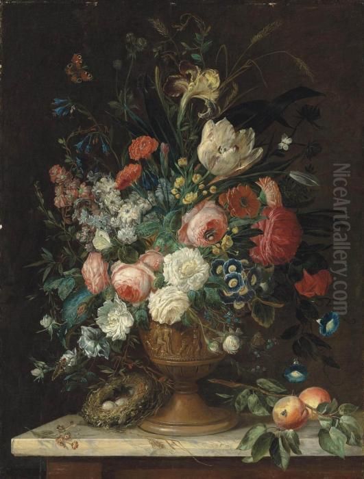 Roses, Tulips, Carnations, 
Morning Glories, Irises And Other Flowers In A Relief Vase, A Bird's 
Nest With Eggs And Peaches On A Marble Topped Table, With A Peacock 
Butterfly, A Brimstone, A Bumble-bee And Other Insects Oil Painting by Jan van Os