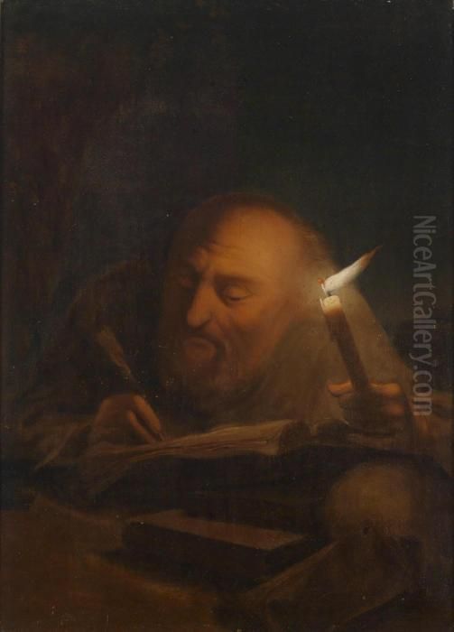 Saint Jerome In His Study By Candlelight Oil Painting by Godfried Schalcken