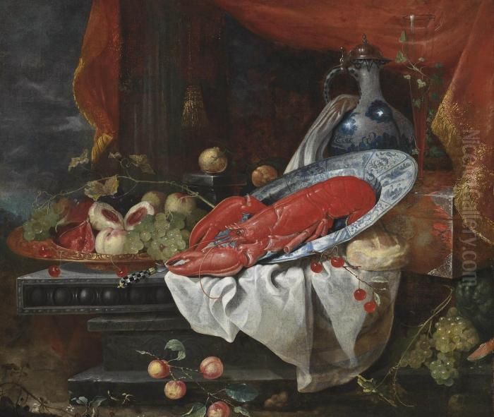 Peaches, Plums And Grapes In A 
Gilt Charger, A Lobster On A Porcelain Plate, A Porcelain Jug, A Facon 
De Venise Glass, Cherries, A Loaf Of Bread And Lemons On A Partly-draped
 Ledge, A Landscape Beyond Oil Painting by Joris Van Son
