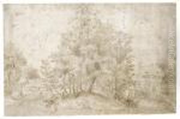 Landscape With Riverside Buildings Behind A Clump Of Trees Oil Painting by Frederik van Valkenborch