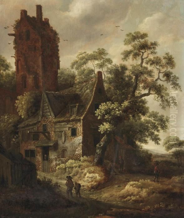 Figures Travelling On A Path Near A Cottage, A Ruined Tower Beyond Oil Painting by Roelof van Vries