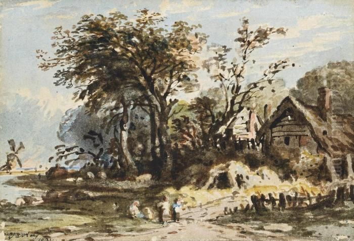 Figures On A Riverbank Before A 
Cottage, A Windmill Beyond (illustrated); And Figures On The Edge Of A 
Lake Before A Ruined Castle Oil Painting by John Varley