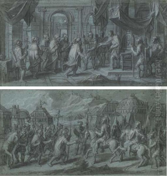 Avec Inscriptions 'cesar Etant 
Entre Dans Rome Avec Son Armee Pompee S'enfuit Par La Mer, Tous Les Rois
 Et Les Grand Seigneurs Viennent Se Ranger Sous Ses Ordres.' Oil Painting by Francois Verdier