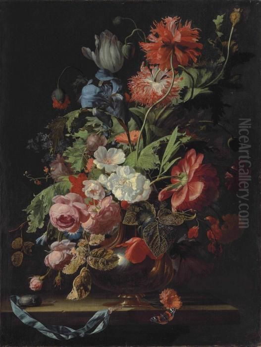 Roses, Tulips, Carnations, 
Poppies, Daisies, Morning Glories, An Iris And Other Flowers In A Silver
 Vase On A Stone Ledge Oil Painting by Simon Pietersz. Verelst