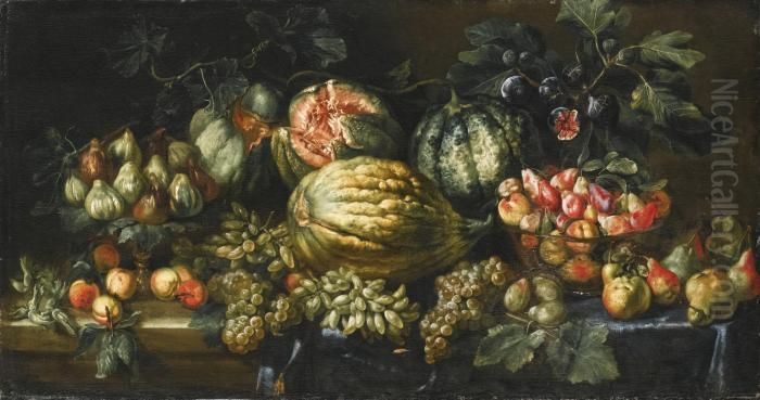 A Still Life With Apples, 
Grapes, Pears, Plums, All On A Partly-draped Ledge With Figs On A Dish 
And Watermelons Oil Painting by Agostino Verrocchi