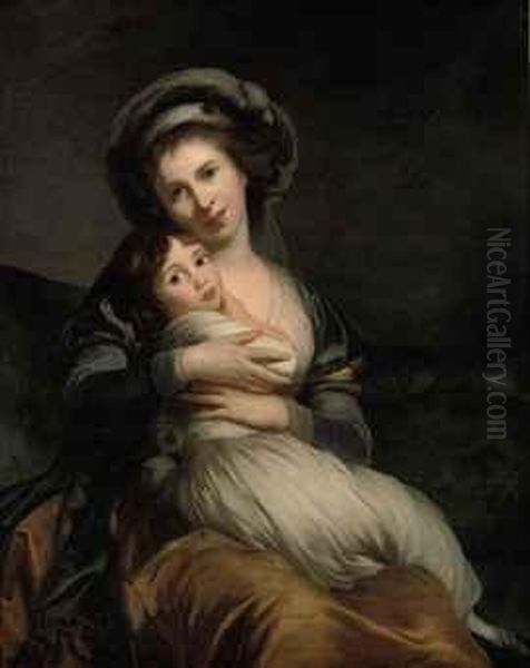 Portrait Of A Lady, 
Three-quarter-length, In A Blue And Yellow Dress Wearing A Grey Turban, 
Seated On A Sofa With Her Child In Her Arms Oil Painting by Elisabeth Vigee-Lebrun