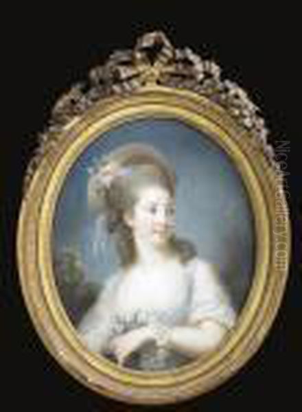 Portrait Of A Young Lady, 
Half-length, Wearing A Hat Trimmed With Flowers And Holding A Rose 
Garland Oil Painting by Elisabeth Vigee-Lebrun