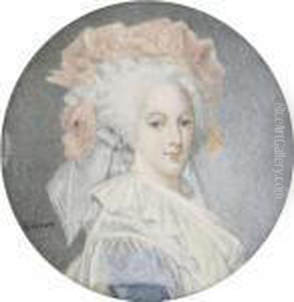 A Lady Believed To Be Queen 
Marie Antoinette In Blue Dress With Large White Sprigged Collar, Wearing
 An Elaborate Pale Orange Headress With Pearls In Her Powdered High 
Piled Hair Oil Painting by Elisabeth Vigee-Lebrun