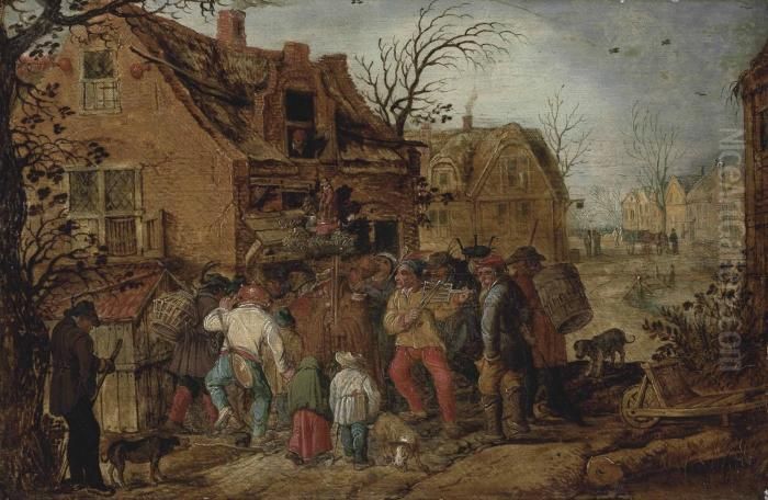 A Village Kermesse With Figures Outside An Inn Oil Painting by David Vinckboons I