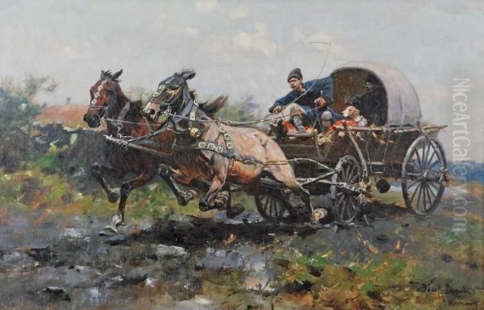 Zaprzeg Oil Painting by Jozef Von Brandt