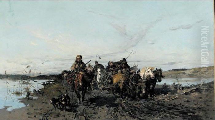 The Caravan Oil Painting by Jozef Von Brandt