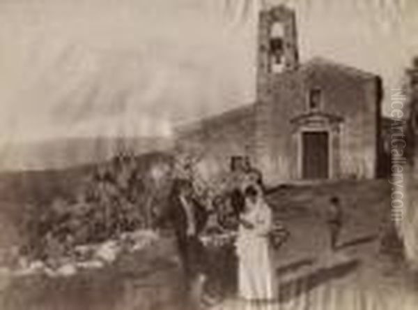 Sizilianisches Paar Und Kind 
 In Traditioneller Tracht Vor Kirche Oil Painting by Wilhelm, Freiherr Von Gloeden