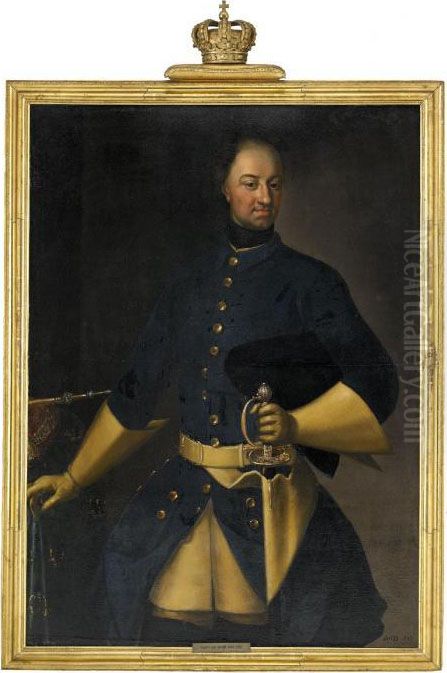 Portratt Av Karl Xii Ikladd Bla
 Uniformsrock Med Varja Och Trikorn Stodd Mot Bord Med Regalier - 
Staende Knastycke Av Lundatypen Oil Painting by David von Krafft