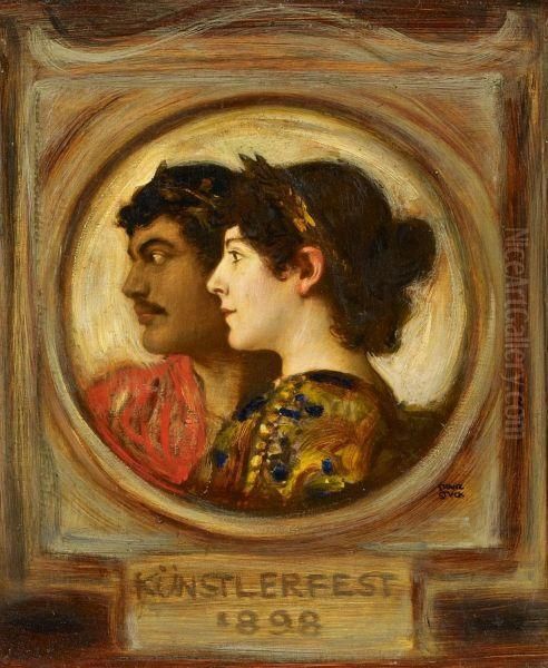 Selfportrait Of The Artist With His Wife In Costume. Oil Painting by Franz von Stuck