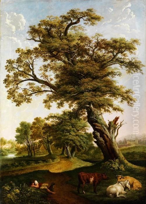 Grosser Eichenbaum Vor Einem 
Eichenwaldchen Im Hintergrund Mit Schlafendem Hirten Und Rastenden 
Rindern Oil Painting by Hendrik Voogd
