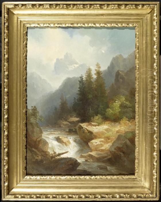 Landscape In Mountains With A Stream Oil Painting by Leopold Heinrich Voscher