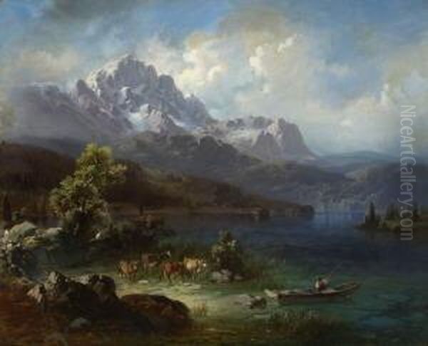Kuhe Am Ufer Eines
 Gebirgssees. Oil Painting by Leopold Heinrich Voscher