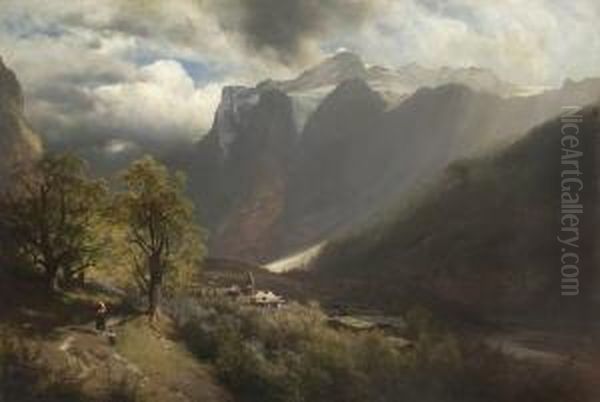 Blick Auf Das Wetterhorn Bei
 Grindelwald Oil Painting by Leopold Heinrich Voscher