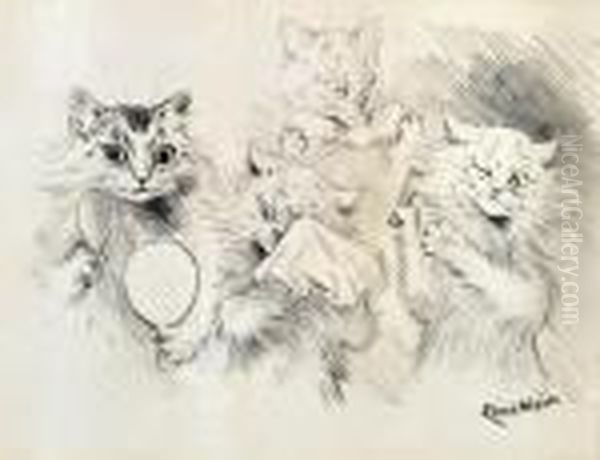 The Cat's Ball; And Vanity (illustrated) Oil Painting by Louis Wain