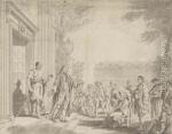 A. The Radcliffe Infirmary: An 
Emblematical Representation With Dr John Radcliffe Conducted From The 
Temple Of Aesculapius By The Genius Of Physic With Inscription 'wale' 
And With Inscription 'guy's Hospital' Pen And Grey Ink And Grey Wash Oil Painting by Samuel Wale