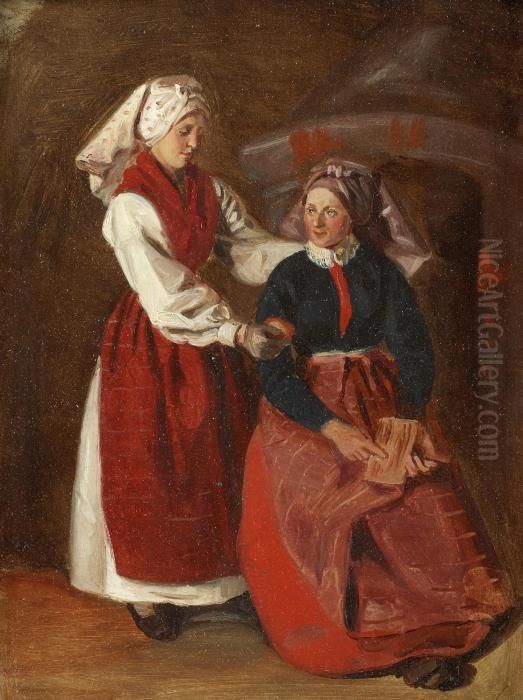 Interior Med Tva Bondflickor Fran Wresta By I Vingaker Oil Painting by Josef Wilhelm Wallander