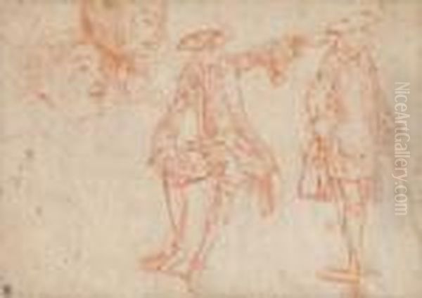 Feuille D 'etude: Personnages En Pied Et Portraits Oil Painting by Jean-Antoine Watteau
