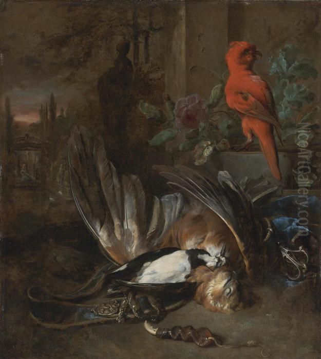 A Hunting Still Life With An 
Eagle And A Woodpecker Together With Hunting Paraphernalia And A Red 
Parrot, In A Landscape Oil Painting by Jan Weenix