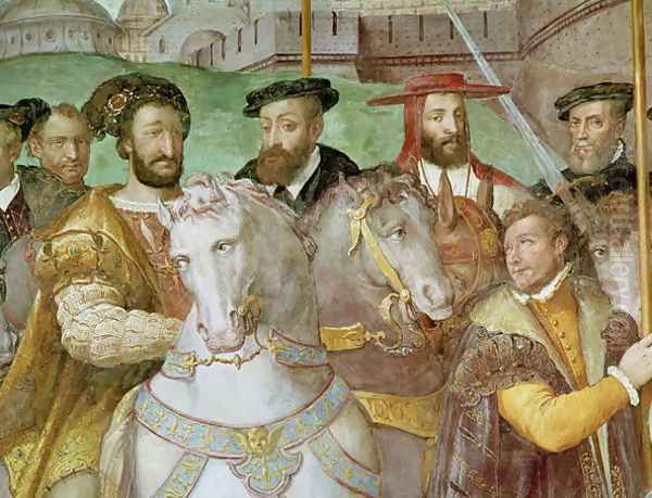Detail from The Solemn Entrance of Emperor Charles V (1500-58), Francis I (1494-1547) and Alessandro Farnese (1546-92) to Paris in 1540, from the Sala dei Fasti Farnese, 1557-66 Oil Painting by Taddeo Zuccaro