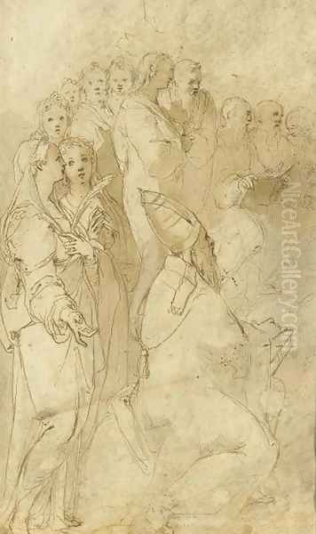 A figure walking to the right, wearing a traveller's hat Oil Painting by Taddeo Zuccaro