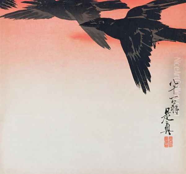Crows in flight in a red sky Oil Painting by Zeshin Shibata