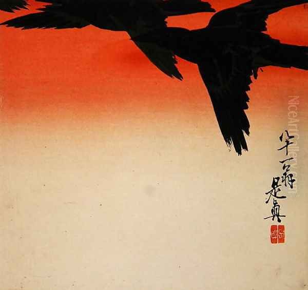 Crows in Flight at Sunrise, 1888 Oil Painting by Zeshin Shibata